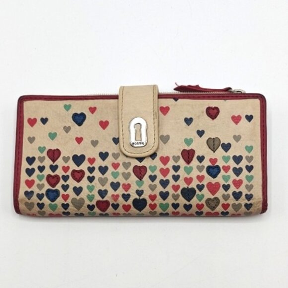 Fossil Wallet Bi-Fold Snap Closure Leather Boho Multicolored ❤️Hearts❤️ - Picture 1 of 6